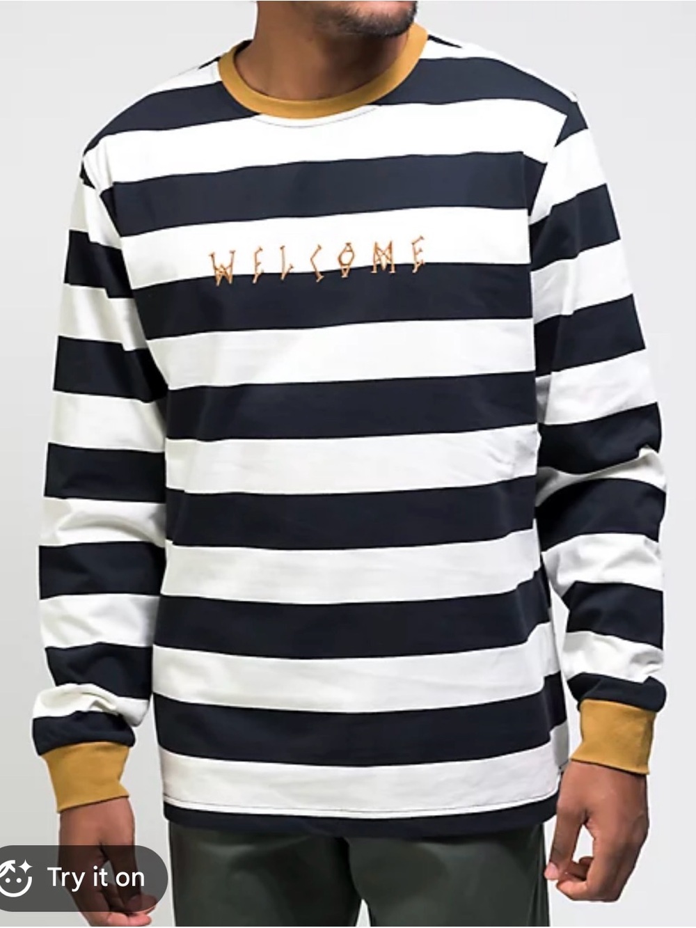 Black & White Striped Crewneck Sweater with Mustard Trim